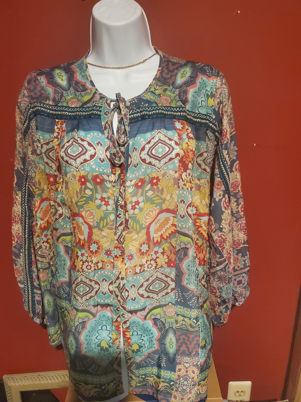 Johnny Was Bohemian Floral Tie-Neck Women's Blouse - Multicolor